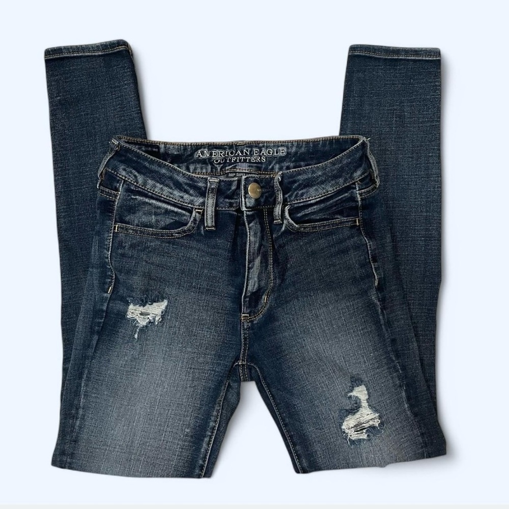 American Eagle Outfitters Blue Skinny Jeans with Distressed Details